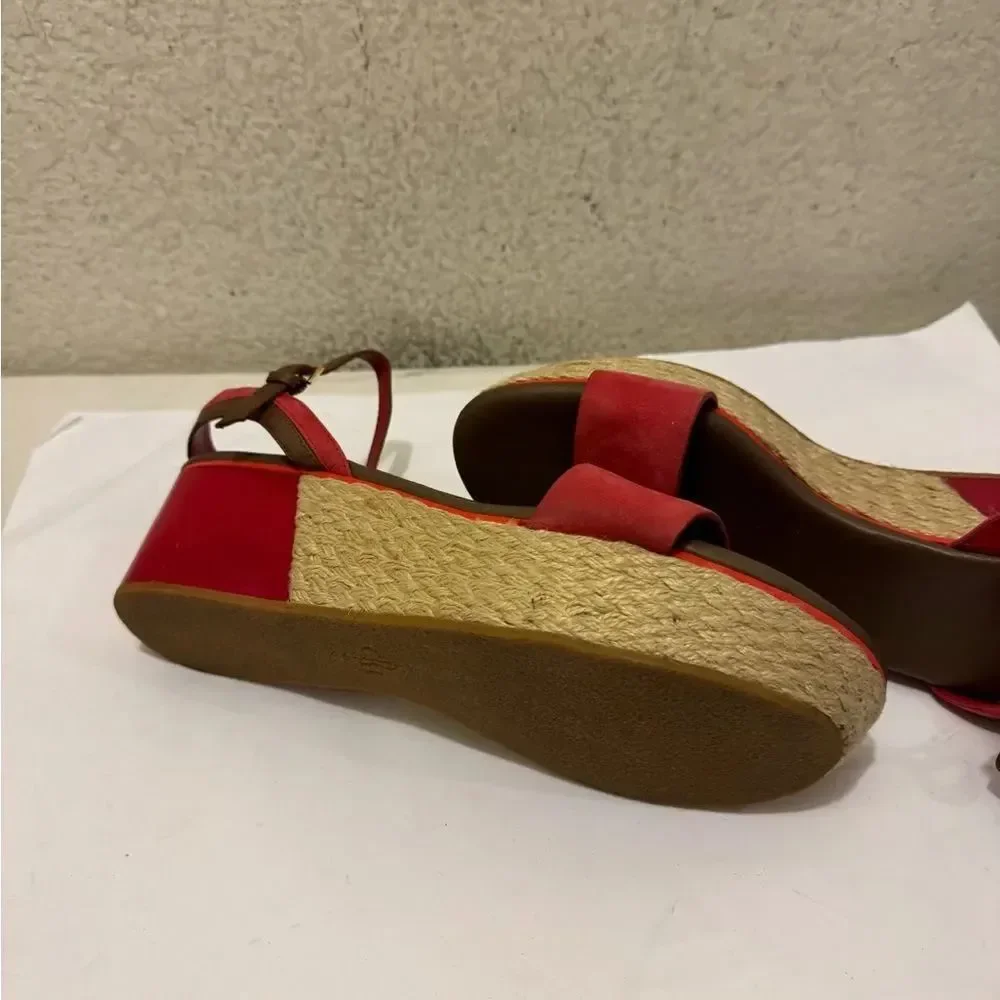 COLE HAAN Red Suede Patent Leather Wedges Espadrille Sandals Ankle Strap 10C